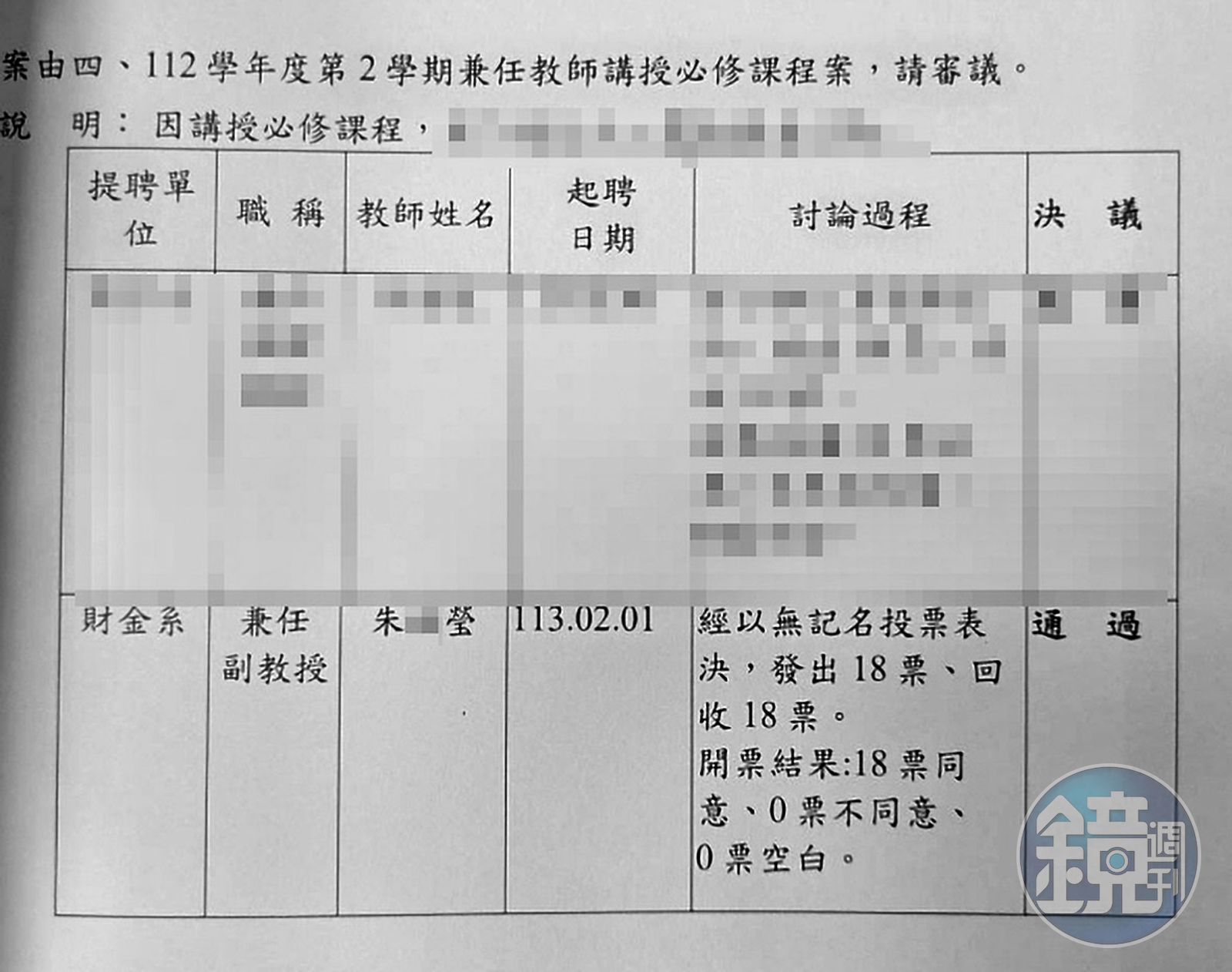 2023年12月舉行的評審會委員18人，在不知朱珊瑩身分下，全數通過朱的聘任案，葉竟也是投同意票人之一。（讀者提供）