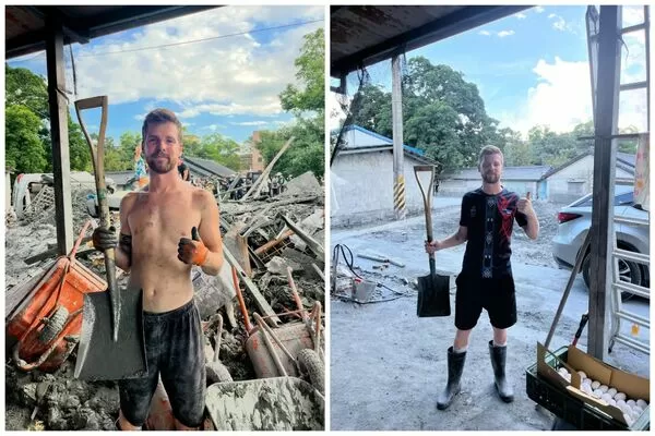 Hew貼出救災初期（左圖）以及近日同一地點的照片（右圖），災區「前後對比」畫面驚人。（翻攝Threads／@hewwanders）