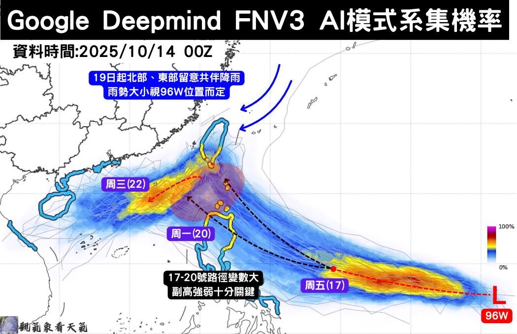 ▲▼風神最新AI路徑北調「這天最近台灣」。（圖／翻攝自臉書／觀氣象看天氣）