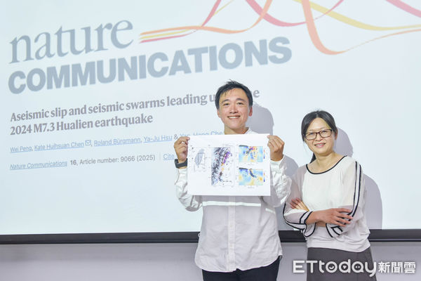 ▲▼台灣師範大學地球科學系教授陳卉瑄(右)、博士後研究員彭葦(左)等組成的研究團隊發現，2024年4月3日規模7.3花蓮大地震前，深部斷層早在3年前即出現無震滑移的加速行為。（圖／台師大提供）