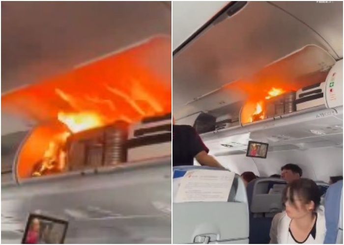 ▲▼中國國際航空航班行李架內鋰電池自燃起火。（圖／翻攝自微博）