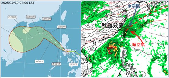 ▲▼明(20)日8時風神已進入南海，台灣仍受「秋颱效應」(風神外圍環流與東北季風共伴效應)形成的雨帶影響。（圖／洩天機教室）