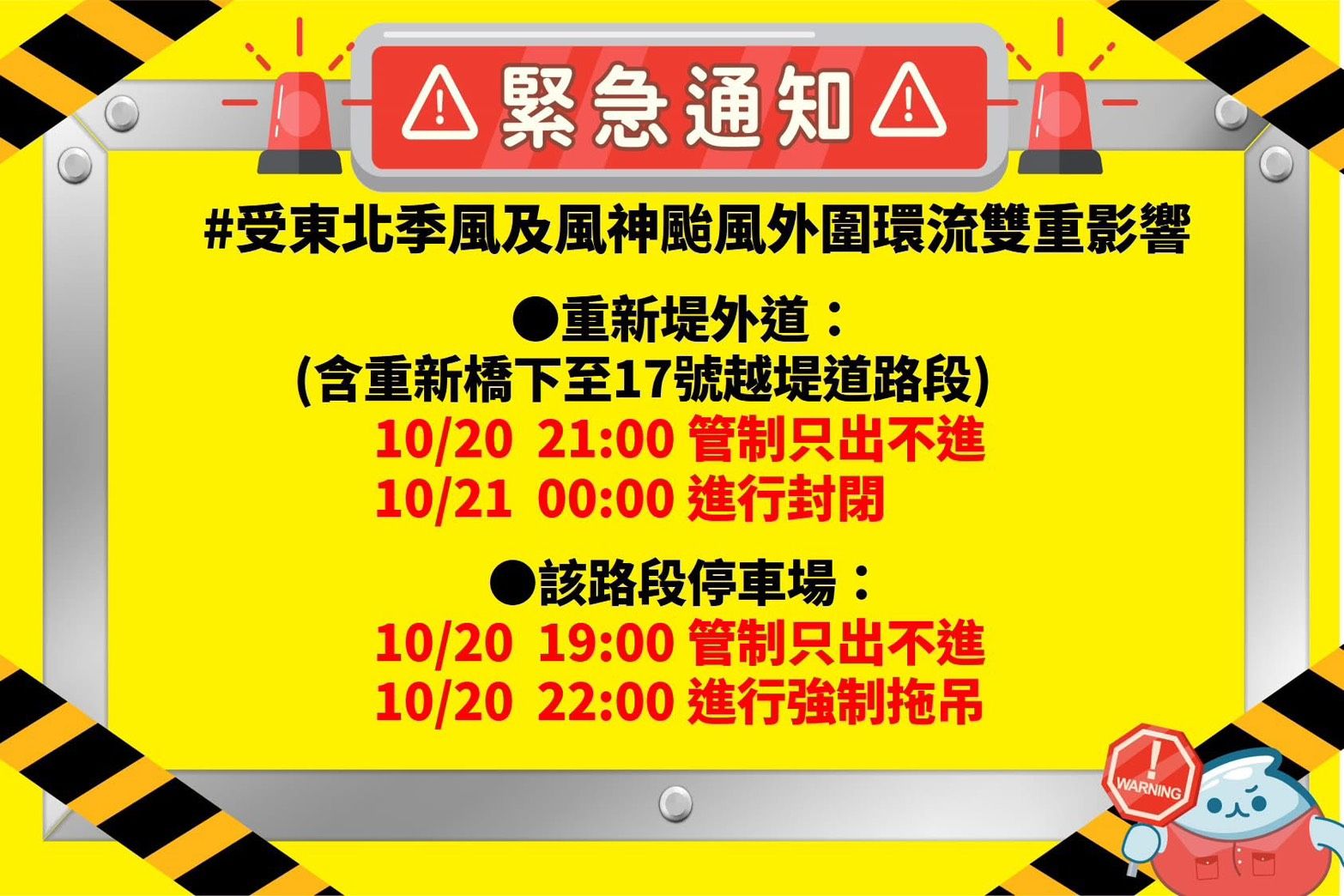 ▲新北市重新堤外道（重新橋下至17號越堤道）將於21日0時關閉，將同步進行交通管制。（圖／新北市府提供）