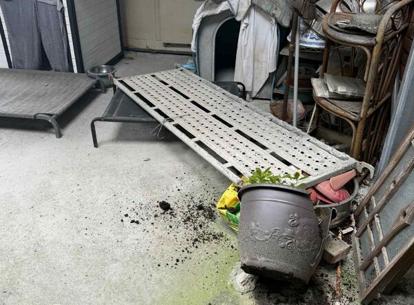 ▲鹿港民俗文物館旁鷹架遭狂風襲擊，砸落民宅屋頂及盆栽。（圖／民眾提供）