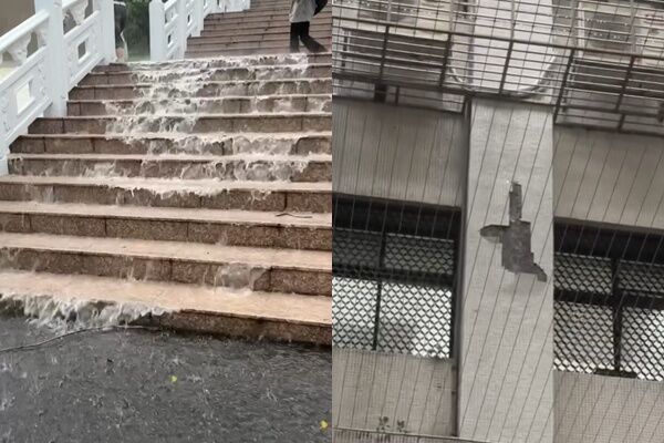 雨彈炸淡江大學「樓梯變瀑布」 驚人畫面曝!大樓磁磚散落一地