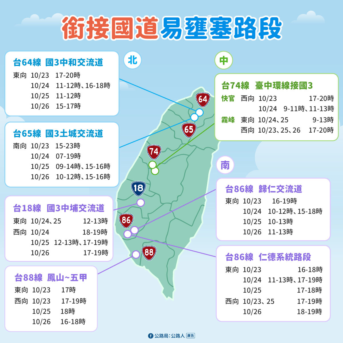 ▲▼光復連假省道易塞時段路段。（圖／公路局提供）