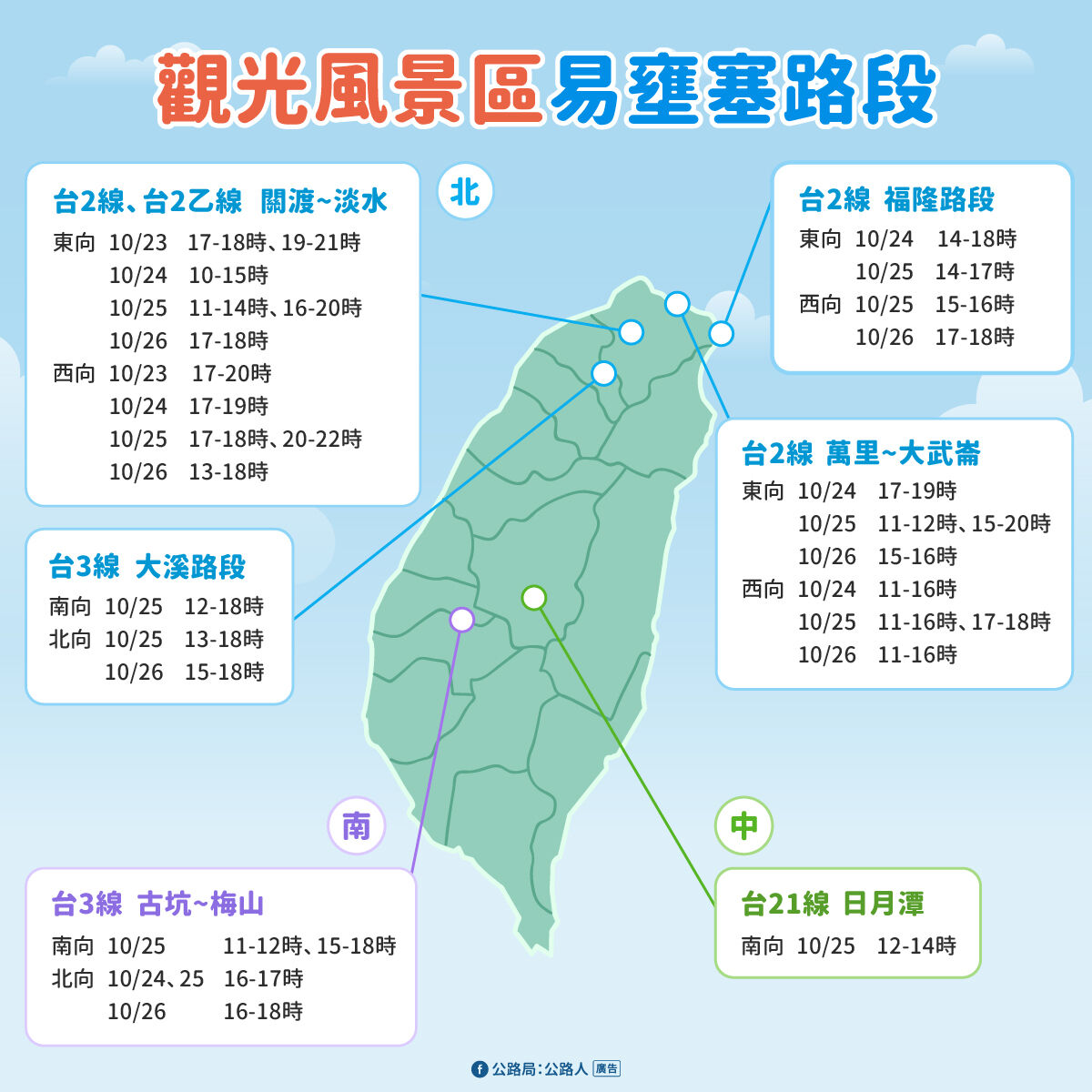 ▲▼光復連假省道易塞時段路段。（圖／公路局提供）