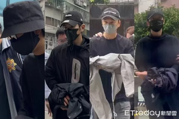 ▲藝人陳柏霖（左1）、修杰楷（左2）、張書偉（右2）、棒棒堂小杰（右1）涉閃兵，遭拘提到案。（圖／記者陳以昇、陸運陞攝）