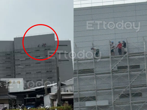 ▲▼殯儀館前大玩命！4工人站9樓高鷹架作業　身上0防護畫面曝。（圖／民眾提供）