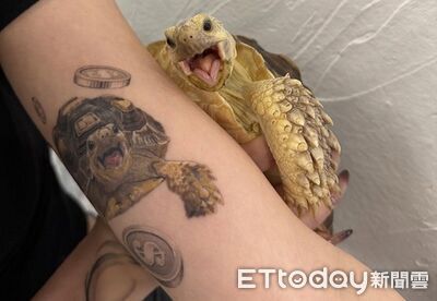 飼主刺愛龜刺青 本尊「同款燦笑」合影:馬麻這是我嗎?