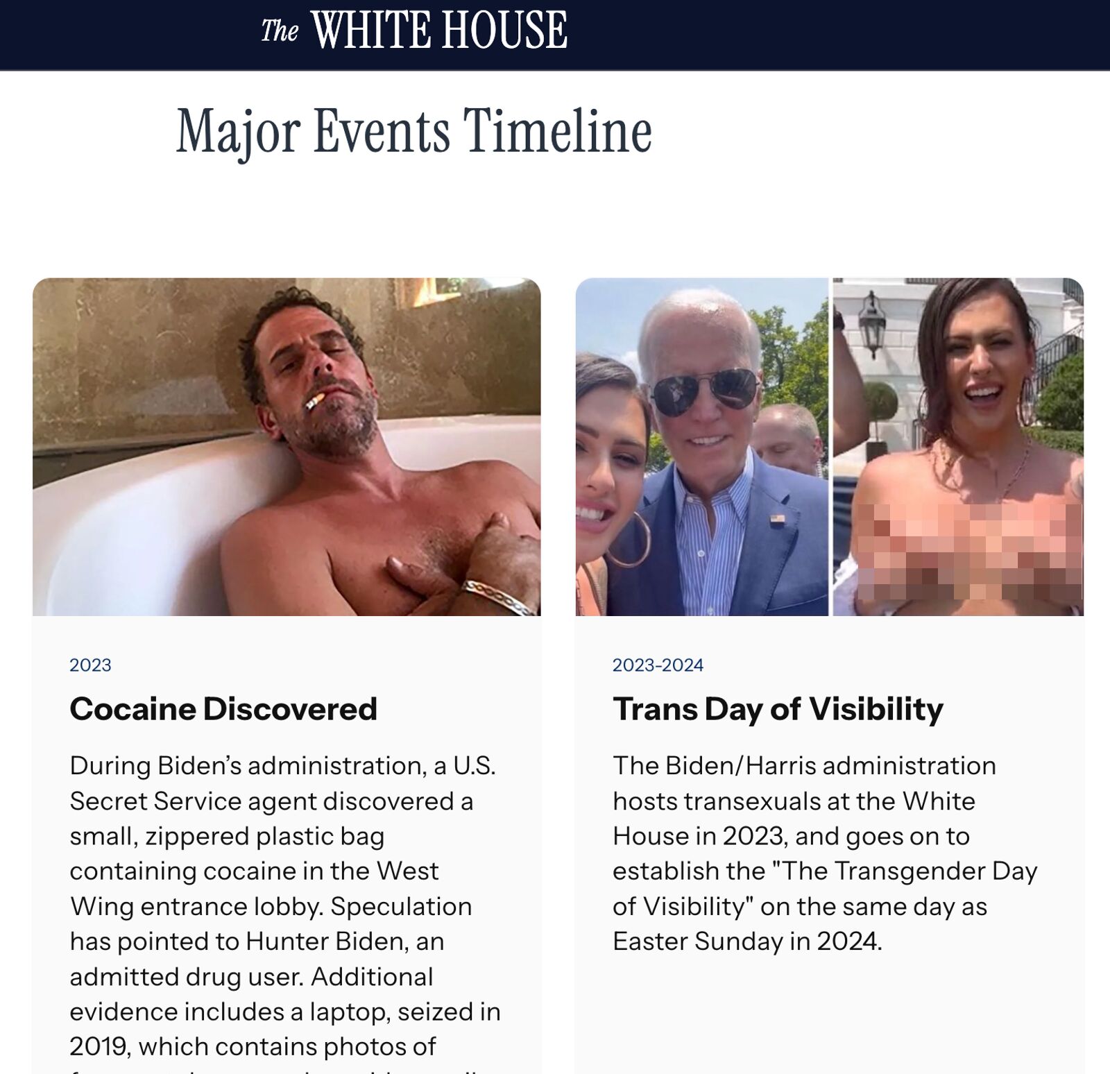 川普惡搞白宮官網！「柯林頓外遇、拜登兒吸毒」全列大事記　連爆乳照都登場
