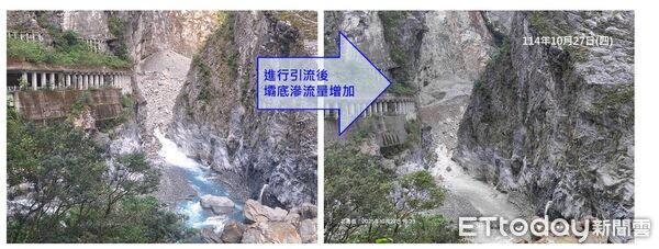 ▲林業及自然保育署今日繼續降挖燕子口堰塞湖壩體，降低水位與蓄水量。（圖／翻攝自農業部林業及自然保育署）