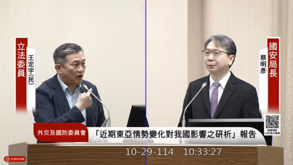 ▲王定宇29日質詢國安局長蔡明彥時，提到銀行「KYC」問題。（圖／翻攝自YouTube／國會頻道）