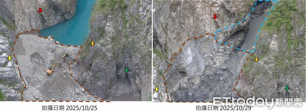 ▲堰塞湖潰決，水位前後對比。（圖／花蓮分署提供，下同）
