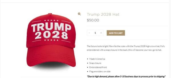 ▲川普集團推出川普總統角逐2028第三任期的宣傳帽子。（圖／翻攝自川普集團網站）
