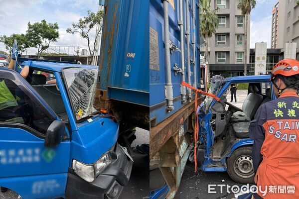 ▲廖男駕駛小貨車行經淡金路二段未注意，追撞聯結車滿頭血受困車內。（圖／記者陸運陞翻攝）