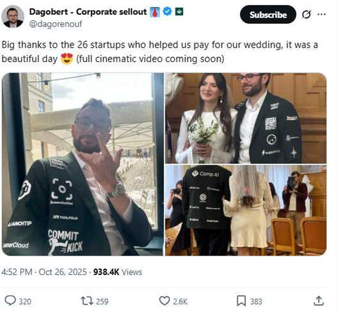 Renouf的結婚禮服上總計印有26家新創公司Logo，包括他本人創辦的科技公司CompAi。（圖／翻攝自X，dagorenouf）