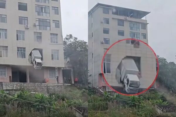 ▲▼大陸湖北發生離奇事件，貨車撞破牆面，車頭掛在半空中，場面相當驚險。（圖／翻攝微博）