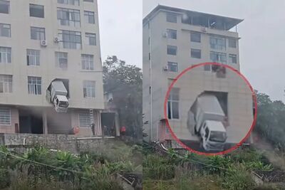 湖北貨車「撞破2樓牆面」！車頭卡半空驚險畫面曝