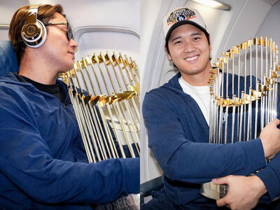 道奇飛回洛杉磯準備封王遊行！山本抱獎盃睡著、大谷笑嘻嘻合照