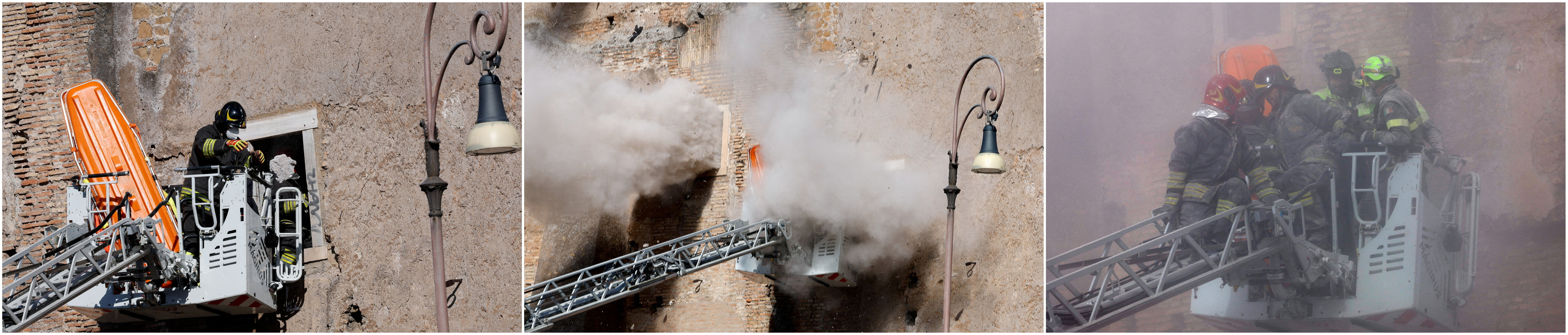 ▲▼羅馬競技場附近古蹟區的孔蒂塔樓（Torre dei Conti）部分坍塌。（圖／路透）