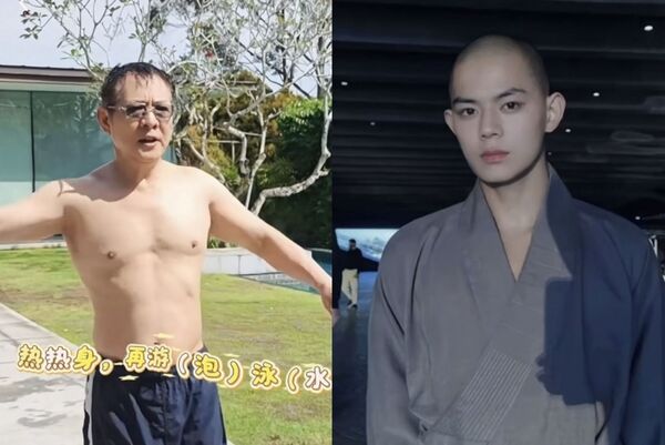李連杰（左）罕見赤裸上身現身泳池，胸口無疤痕，疑似親自打破換心傳聞，引發網友熱議。右圖為心臟疑似遭摘除的秋風。（翻攝自微博）