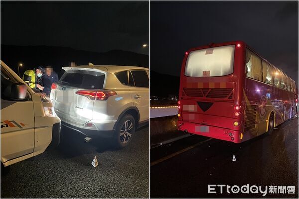 ▲▼國道五楊高架連環車禍，BMW女駕駛被遊覽車撞命危。（圖／記者楊熾興、陳以昇翻攝）