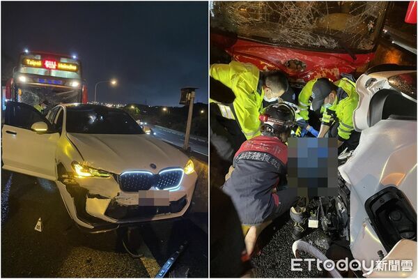 ▲▼國道五楊高架連環車禍，BMW女駕駛被遊覽車撞命危。（圖／記者楊熾興、陳以昇翻攝）