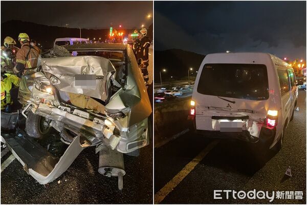 ▲▼國道五楊高架連環車禍，BMW女駕駛被遊覽車撞命危。（圖／記者楊熾興、陳以昇翻攝）