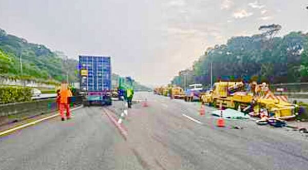 ▲聯結車林姓男子今年4月間吸食安非他命後上國道，在楊梅南向路段失控撞擊路肩施工緩撞車，導致許姓工人閃避不及當場慘死。（資料照／國道二隊提供）