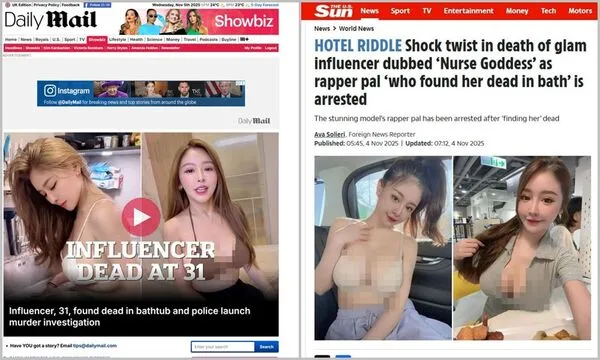 英國《每日郵報》（左圖）、《太陽報》（右圖）報導謝侑芯命案。（翻攝Daily Mail、The Sun）
