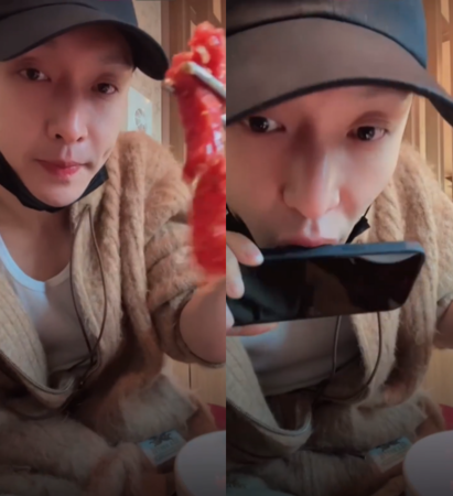 ▲▼張藝興夾生牛肉掉到手機上「就口吃掉」掀議。（圖／翻攝自微博）