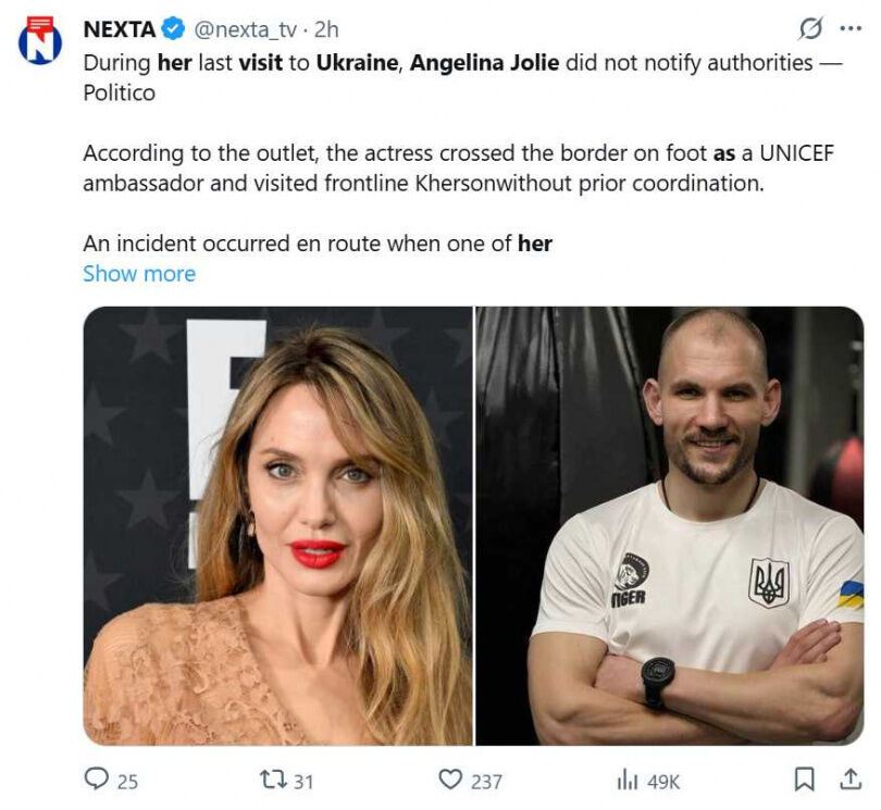 裘莉車隊在尼古拉耶夫州檢查哨遭攔，隨行司機因無豁免證明遭帶走。（圖／翻攝自X，@nexta_tv）