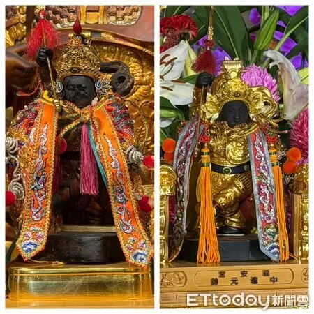 ▲福安宮開百年基主神中壇元帥臉部雕刻出現剝落與風化跡象（左），廟方以3D建模修復百年中壇元帥神像。（記者林東良翻攝）