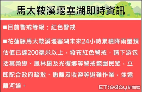 ▲馬太鞍堰塞湖今早空拍情形。（圖／花蓮分署提供，下同）