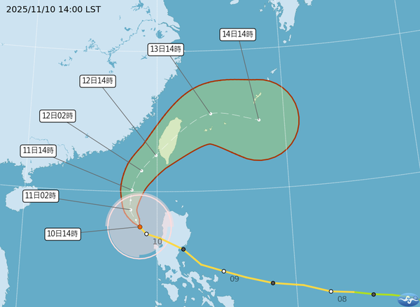 ▲▼鳳凰颱風潛勢路徑預報1110 1400。（圖／氣象署提供）