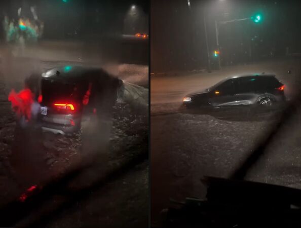 ▲蘇澳暴雨引爆變電箱，全聯旁瞬間火光乍現、整條街道陷入黑暗。（圖／翻攝自記者爆料網）