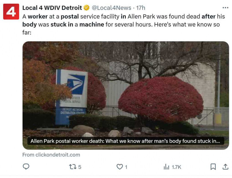 等不到他下班！郵政員工活活卡死機器內　屍體直到未婚妻出現才被找到