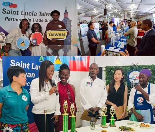 ▲左上圖台灣館是打卡熱門景點；右上圖灣館參展企業向貴賓解說產品特性；下圖民間文化交融，廚藝競賽展現合作成果。(圖／貿協提供)