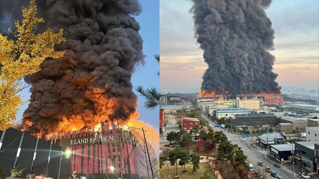 ▲▼位於南韓忠清南道天安市的衣戀集團物流中心15日發生大火。(圖/翻攝自X)