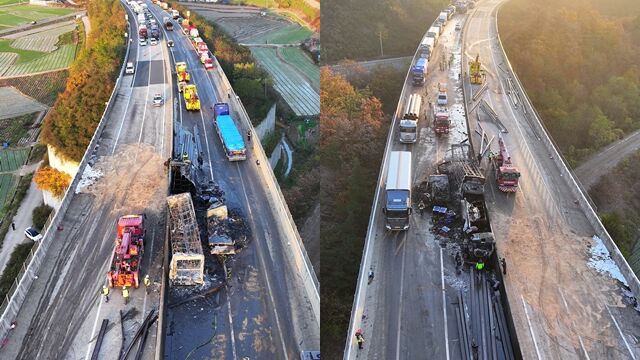 ▲▼南韓尚州永川高速公路17日凌晨發生嚴重連環追撞車禍，甚至因H型鋼從貨車掉落而波及對向車道。（圖／達志影像）