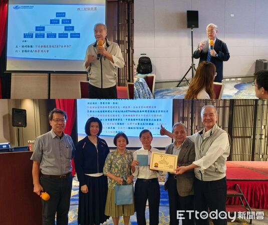 ▲左上圖現任理事長與右上圖新當選理事長余克維分別致詞，下圖蕭榮發學會代表致贈感謝狀給廖識鴻顧問(右三)。（圖／記者張佩芬攝）