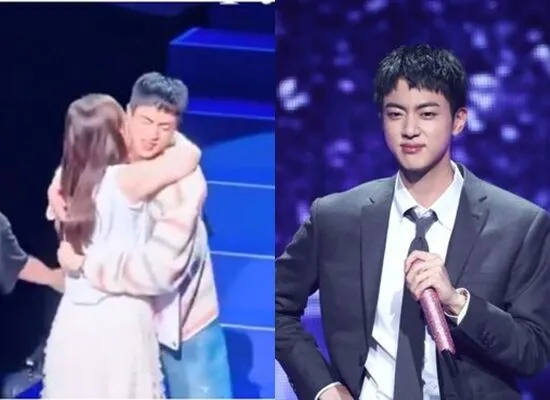 ▲BTS Jin退伍後馬上辦粉絲擁抱會，但遭女粉絲偷親（右圖）。（圖／翻攝Jin IG、X）