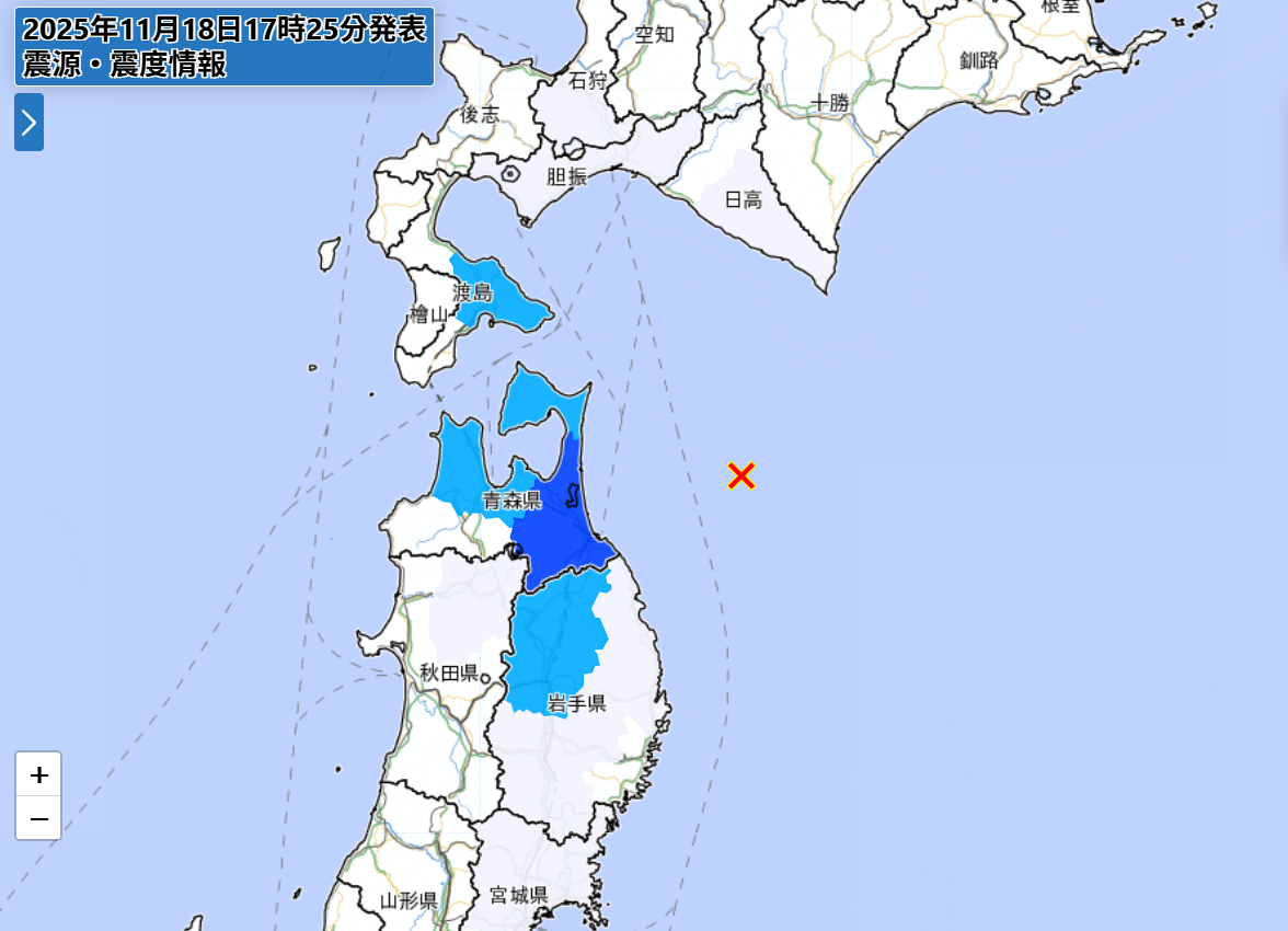 ▲▼即／日本青森外海4.7地震！最大震度3。（圖／日本氣象廳）