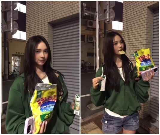 蔡中泠在東京街頭拍短影片，叼著洋芋片模樣可愛。（翻攝蔡詩萍臉書）