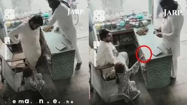 持槍男子打劫雜貨店，5歲女童將棒棒糖遞向搶匪，意外改變結局，全程被監視器拍下。（翻攝自instagram / jarpmedia）