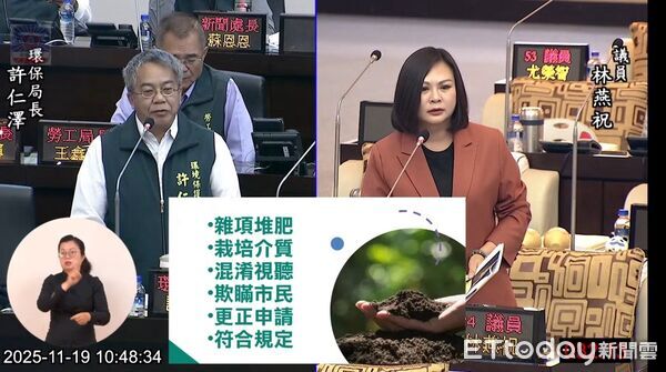 ▲市議員林燕祝於總質詢提出「尚好肥」產品疑義，要求市府釐清肥料與培養土分類。（記者林東良翻攝，下同）