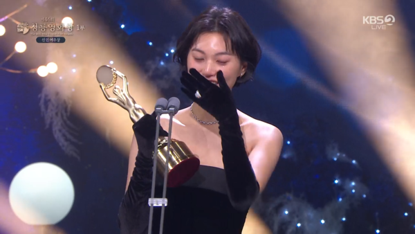 ▲▼青龍獎／偶像出道奪演技獎！I.O.I金度延哭著上台：我也想被認同⋯。（圖／翻攝自KBS）