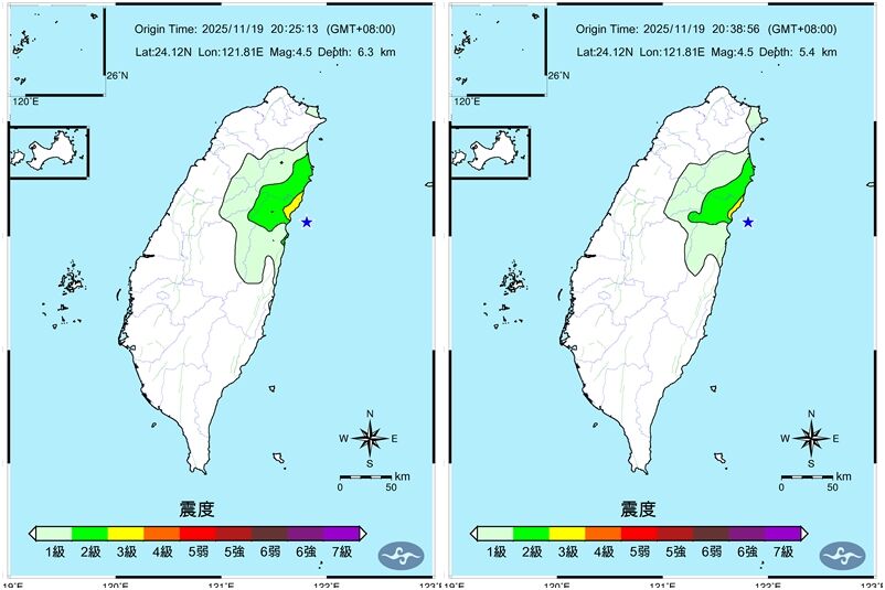 快訊／13分鐘2震　花蓮「4.5地震連發」3級有感搖晃