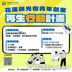 花蓮「光復青年創業再生行動計畫」最高補助50萬　11/24說明會